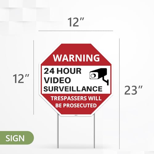 2PC 24 Hour Video Surveillance Sign with Stakes, 12\"x12\" - Corrugated Plastic - Warning Security Camera Alert Sign for Home Outdoor Yard - No Trespassing Private Property