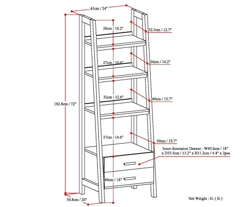 Image of SIMPLIHOME Sawhorse Bookcase - 72 inch Tall Solid Wood Ladder Shelf with Storage in White, Modern Industrial Display for Living Room, Study Room or Office with Open Shelves and Drawer Cabinet