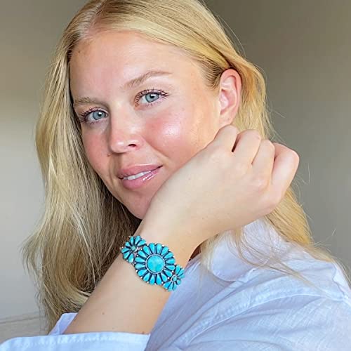 Southwest Style Genuine Turquoise 925 Sterling Silver Cluster Bracelet (Turquoise) #TOP1