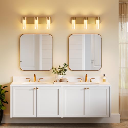 Image of Tribesigns LED Bathroom Light Fixtures, 3-Light Vanity Lights Over Mirror, Wall Lights with 3 Color Modes & Gold Finish, Wall Sconces with Clear Glass Shades for Bathroom Hallway Bedroom