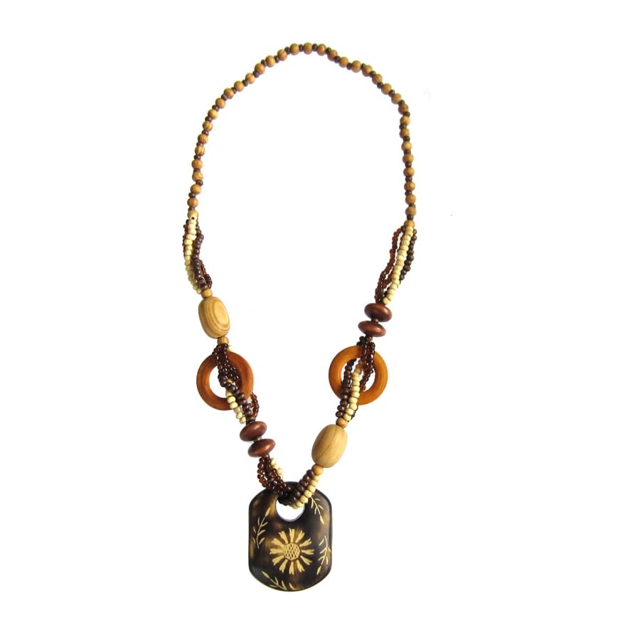 Collier Puarai bois marron pendentif soleil bijoux bohème naturel