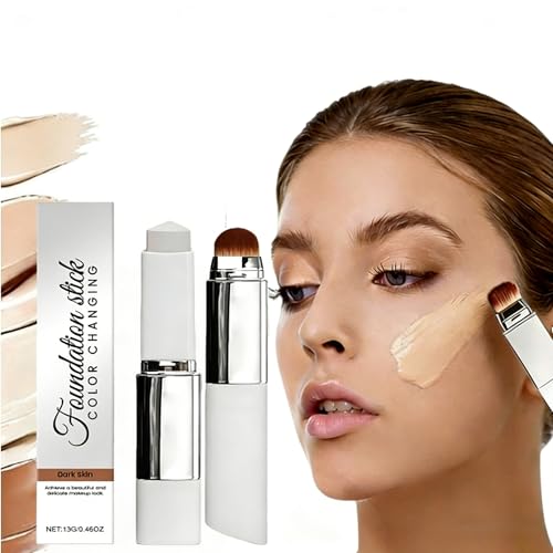 Base Maquillaje Coreana,Barra Base Maquillaje Que Cambia Color,Color Changing Foundation Stick,Stick De Base Que Con Cabezal Brocha,Maquillaje Corrector Hidratante,con Cabezal Brocha (Piel oscura)