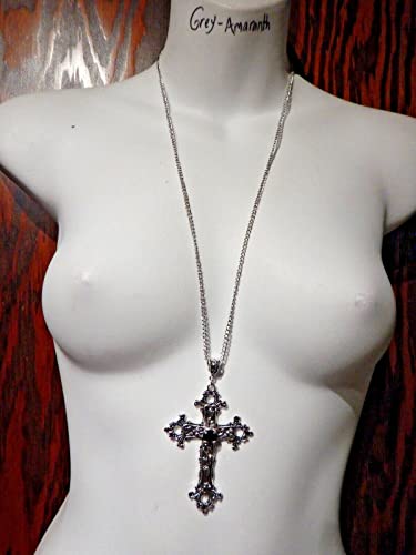 Large Gothic Cross Necklace silver-tone pendant with glass stone, on 24" steel chain…3