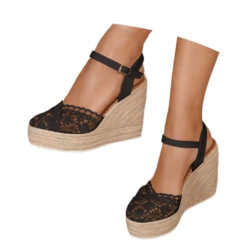 Espadrilles Für Damen Keilabsatz Schuhe - Wedges Keilsandalen Plateau Sandalen Sommer Espandrillos Keilsandaletten Schwarz 39