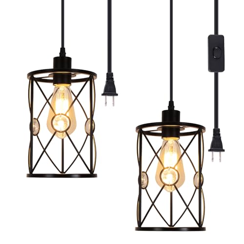 Plug in Industrial 2 Pack Farmhouse Pendant Light, Mini Cage Pend...