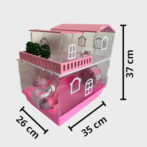 Gaiola para Hamster de 2 Andares em Acrílico, Formato de Casinha com Roda Giratória e Globo Externo