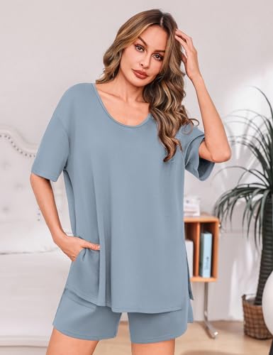 Totatuit Womens Oversized T Shirt and Shorts Set 2 Piece Lounge Outfits High Waist Bermuda Shorts with Pockets Casual Summer Matching Sets Gray-blue Small — view 2