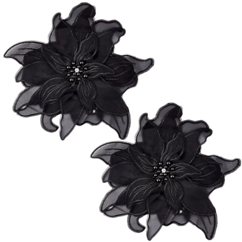 CABODYALS 2 pieza de Apliques de Bordado Floral 3D Apliques de Flores de Encaje de Poliéster Negro Diamantes de Imitación Perlas de Cristal Parches de Tul para Coser Hacer Ropa Vestidos Disfraces Cami