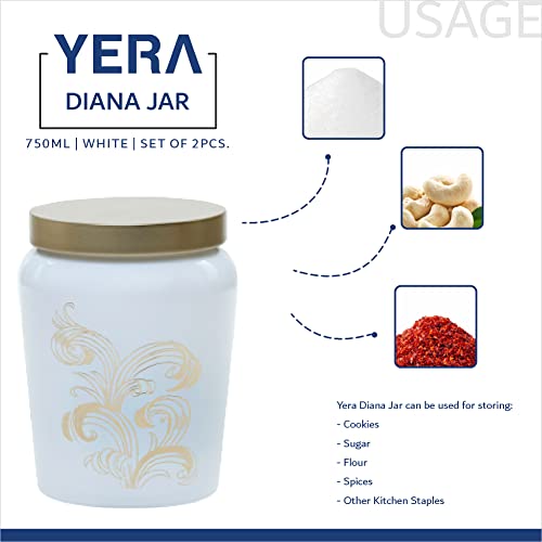 Image of Yera Diana Jars, Metallic lid-golden foil printed-storage jar, 750ml capacity, White Colour,Used for storage of Cookies, snacks,dry fruits,etc (Set of 2)