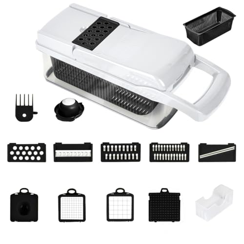 Multifuncional Cortador de Verdura para Cebolla Pepino Patatas Fritas, Gadgets y Accesorios de Cocina15-en-1,White Lid 15-in-1