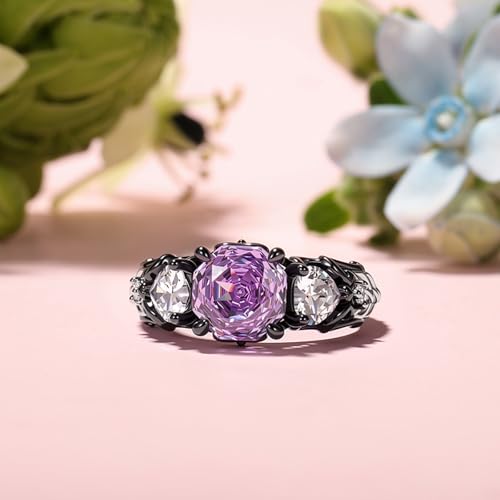 Image of Jeulia Women's Three-Stone Purple Rose Ring, Sterling Silver Black Plated, Shakespeare Inspired Midsummer Night Love-in-idleness Ring, Romantic Gift for Her