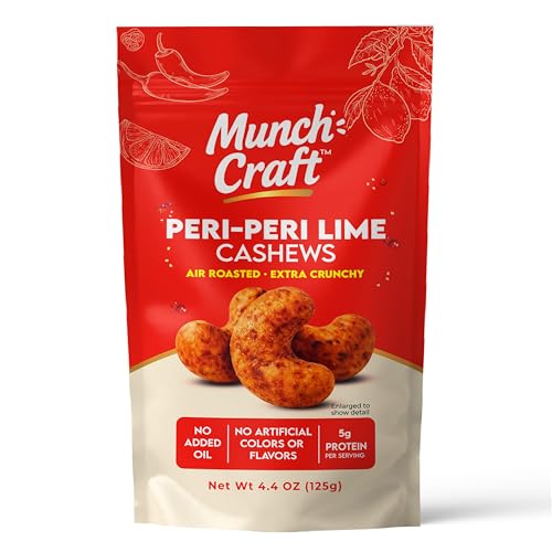 Image of Munch Craft Gourmet Peri-Peri Lime Cashews - Perfectly Balanced Flavor (Smoky Heat & Zesty Lime) - Extra Crunchy Air-Roasted Nuts, Oil-Free - No Artificial Colors or Flavors - 4.4 oz (125g) Resealable Bag