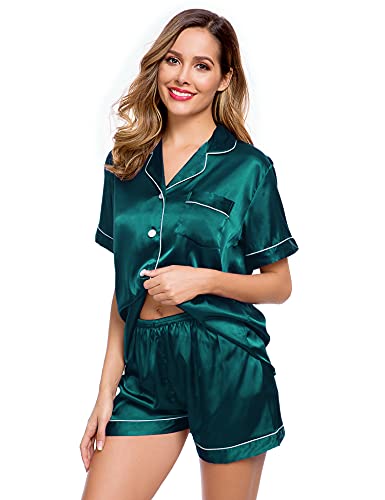 Image of LecGee Womens Silk Satin Pajamas Short Sleeve Loungewear Two-Piece Sleepwear Button-Down Pj Set