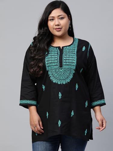 Image of Ada Women's Cotton Regular Fit Tunic Hand Embroidered Lucknow Chikankari Short Top Kurti A100554