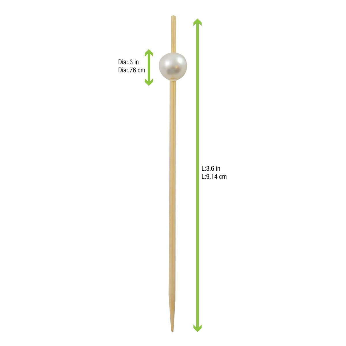 PACKNWOOD 209BB IJ9 - Bijou Bamboo Pick with White Pearl - White Pearl Bamboo Toothpicks - Biodegradable Party Skewer Picks - Pearl Cocktail Toothpicks - (3.5") - (2000 per case)