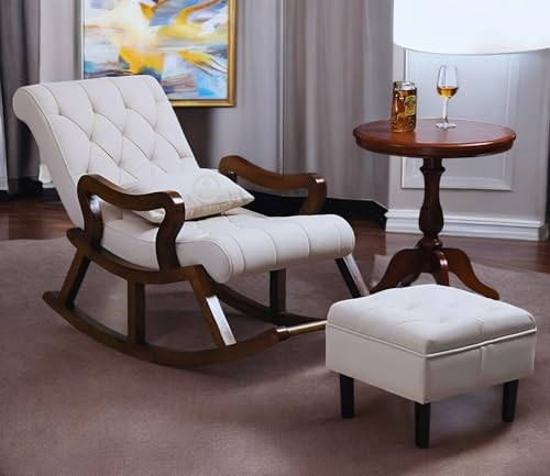 Image of Solid Sheesham Wood Rocking Chair for Living Room with Footrest and Pillow | Ergonomic Resting Chair with Ottoman for Relaxing and Pregnant Women (White)
