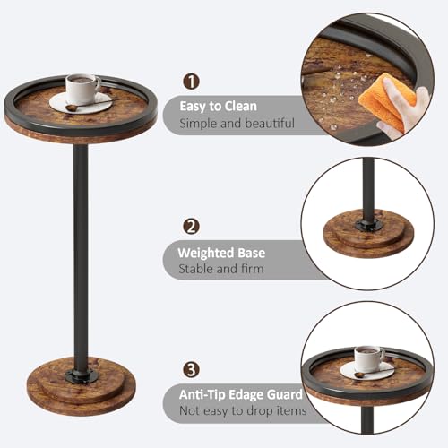 Small Side Table, Round Martini Drink Table for Small Spaces, Modern Accent Stand with Solid Metal Leg, Nightstand with Weighted Base Pedestal for Living Room, Bedroom and Office
