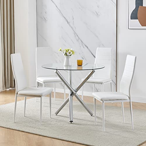 RVEE Modern Round Glass Dining Room Table and Chairs Set