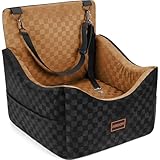JOEJOY Elevated Dog Car Seat for Small/Medium Dogs up to 35 lbs, Memory Foam Booster Seat with Detachable Washable Cover, Travel-Safe Car Bed with Safety Belts & Storage Pockets, Brown