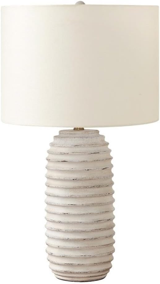 Pemberly Row 28" Cream Resin Beehive Table Lamp, Ivory Linen Shade, Gray Wooden Finial, 3-Way Switch, Transitional Accent for Living Room, Bedroom or Side Table
