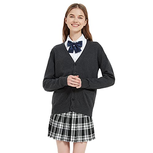 Image of Blostirno Women's Cardigan School Uniform Sweater Cardigans V-Neck Long Sleeve Button Down Knit with Pockets
