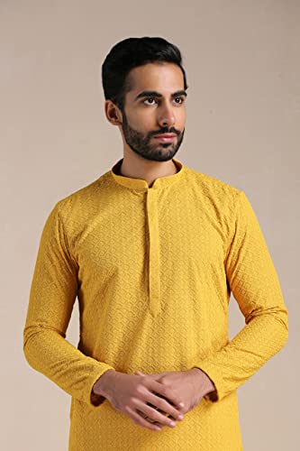 Image of Manyavar Men's Cotton Blend Self-Design Kurta Pyjama Set (2pcs)