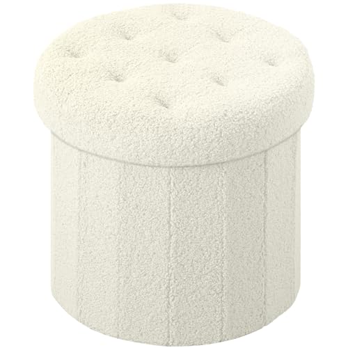 VewePata Round Storage Ottoman Foot Stool and Poufs Ottoman, Teddy Velvet Ottoman Foot Rest, Foot Rest for Living Room Bedroom or Dorm (Cream White)