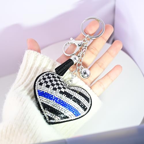 2-Pack Thin Blue Line Heart Keychain - Rhinestone Embellished Accessory for Law Enforcement - Perfect for Keys, Bags, or Backpacks - 2.48 x 2 Inches