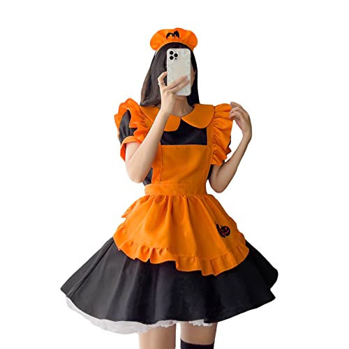 ANFUTON Tenue de soubrette Lolita pour femme - Robe de restaurant chauve-souris, vampire, sorcière, magique, brodée, costume d'Halloween et de cosplay, Robe orange., 5XL Cover