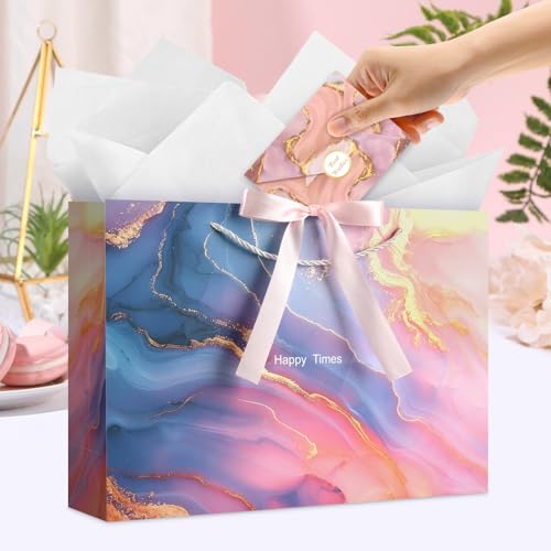 Image of JMANNI Gift Bags, Mothers Day Gift Bags with Ribbon, Portable Paper Gift Bag, Marble Pattern, for Any Occasion, Including Valentines Day Baby Shower Birthday Party Wedding Mothers Day(LP11-DLS02-L