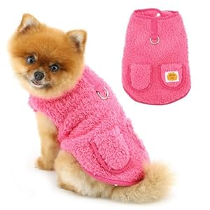 Small Dog Warm Fleece Sweater Soft Windproof Puppy Coats Fluffy Doggy Clothes with Pocket Button Cold Weather Pet Sweatshirts Fashion Solid Cat Chihuahua Apparel Sleeveless D-Ring,Pink,XS