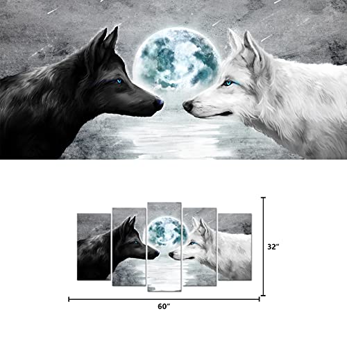 Welmeco 5 Pieces Black And White Wolves Painting Grey Blue Full Moon Seascape Picture Canvas Prints Gallery Wrapped Artwork Animal Wolf Poster For Living Room Modern Office Bedroom Wall Decoration (60X32) #TOP4