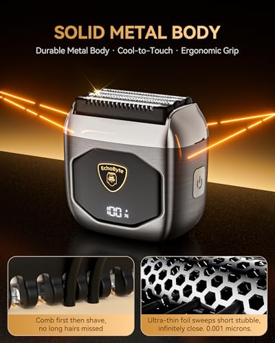 Full Metal Electric Foil Shaver for Men: 4 Floating Blades, IPX7 Waterproof Wet & Dry Mini Razor, 120-Min Runtime USB-C Rechargeable, Quiet Travel Groomer with LED Display & Travel Lock - Image 3