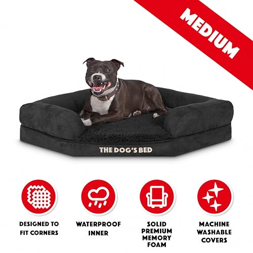 The Dog's Bed Orthopädisches Eck-Hundebett aus Memory-Schaum, Mittel, Schwarzes Plüsch, lindert Arthritis- und Hüftdysplasie-Schmerzen, Therapeutisch und Unterstützend, Tierärztlich Geprüft