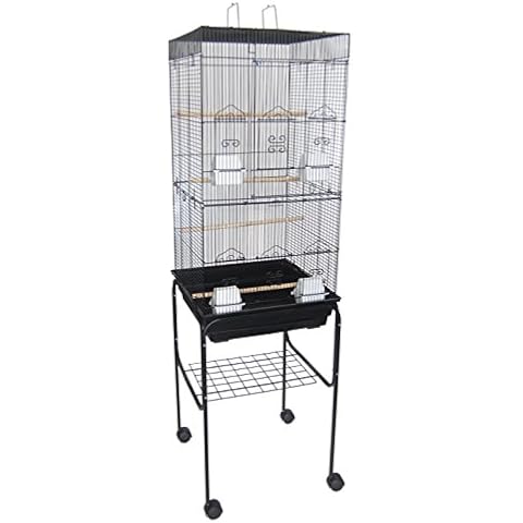YML 6924 3/8" Bar Spacing Tall Flat Top Bird Cage with Stand, 18" x 18"/Small, Black Cover