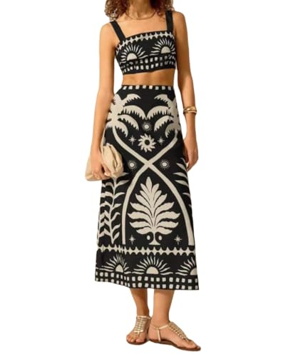 THLAI Women 2 Piece Midi Skirt Sets Tropical Print Crop
