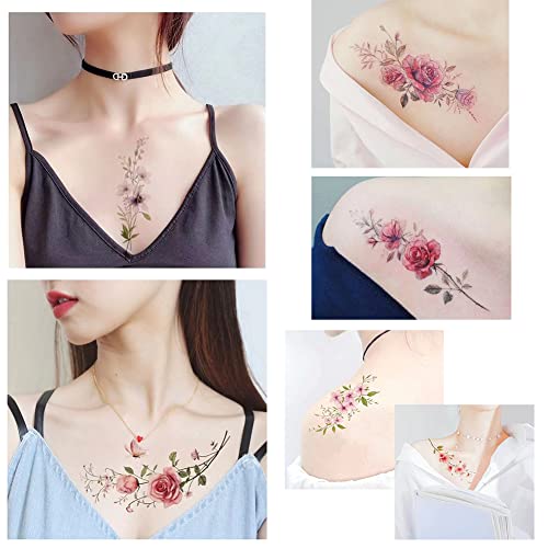 Temporary Tattoo Of Rose , Waterproof Colorful Temporary Tattoos Fake Tattoos That Look Real And Last Long Tattoo Stickers Watercolor Mixed Style Body Art Temporary Tattoos For Women Girls Kids(Pink) #TOP5