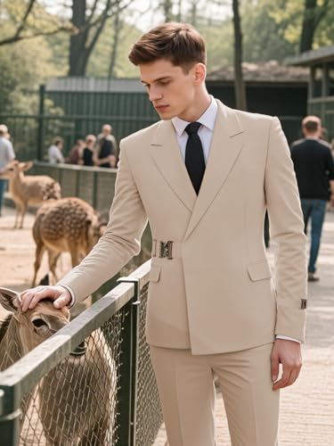 Men's Slim Fit 2 Pieces Suit Solid Formal Business Tuxedos Suit with Metal Wedding Prom Casual Jacket Blazer Pants3