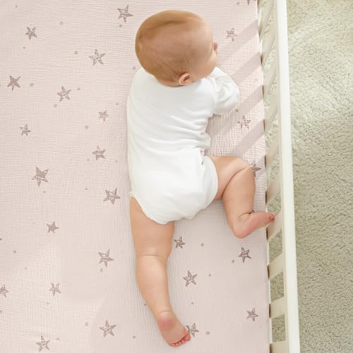 Image of Bearmoss Muslin Crib Sheets - 100% Cotton Baby Crib Sheets Fitted for Standard Crib Mattress & Toddler Bed Mattress 52 inchx28 inch Soft Breathable Crib Sheet Neutral for Boys Girls - 2 Pack (Pink Star)