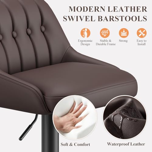 Image of MALOL Bar Stools Set of 2, Swivel Bar Chairs, Modern Adjustable PU Leather Upholstered Barstools Counter Height with Tufted Back for Bar, Kitchen Counter Island, Dining Room, Brown