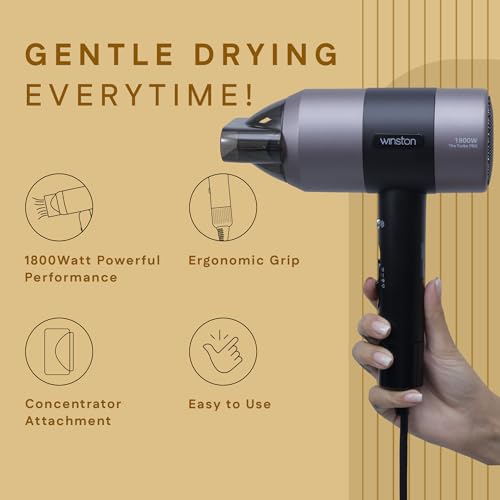 Image of WINSTON Turbo Pro Hair Dryer - 1800W | Quick Drying Blow Dryer with Low Noise, Cool Shot & Overheat Protection - 1 Year Warranty (Black)