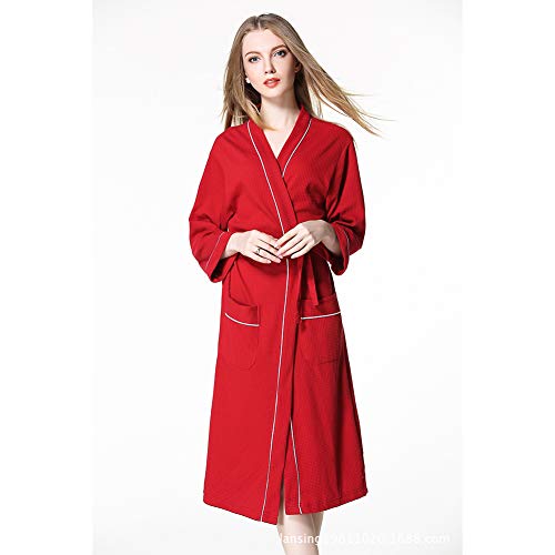 Hotel Unisex Waffle Cotton Bathrobe, Spa Lightweight Quick Drying Kimono Robe Long Loungewear-red L2