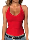 Jar of Love Women's Workout Tank Top with Built-in Shelf Bra-V-Neck Racerback Ribbed Cami for Gym, Yoga, Running,M,Red