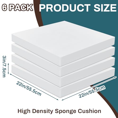 Image of Frienda 6 Pack 3 inch X 22 inch X 22 inch Upholstery High Density Foam Cushion White Replacement Cushion or Commercial Use Stuffing Craft Foam Couch Chair Padding DIY Projects