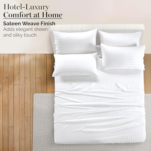 Casa Platino 100% Egyptian Cotton Sheets Queen Size Set - 6 Pieces - Damask Stripe- Ultra Smooth Sateen Weave Bed Sheets, 15" Deep Pockets - Pure White Sheet Set