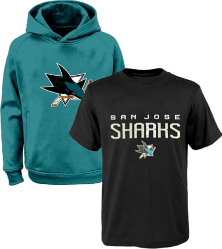 NHL Officially Licensed Kids Boys Youth 8-20 Polyester Performance Primary Logo Hoodie & T-Shirt 2 Pack Combo Set (San Jose Sharks, 18-20)