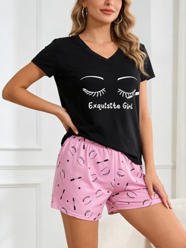 Image of VENTELAN Pajama Set For Women Cute PJS Summer Short Sleeve Shorts Sleepwear