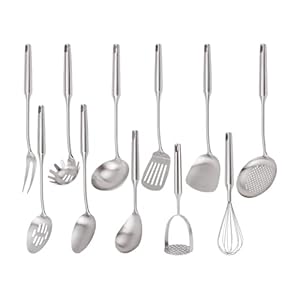 304 Stainless Steel Kitchen Utensils Set, 11PCS Metal Cooking Tools, Masher, Fork, Solid Spoon, Slotted Spoon, Spatula, Whisk, Skimmer, Slotted Spatula Tunner, Soup Ladle, Spaghetti Spoon, Large Ladle