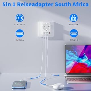 Adaptateur Prise Afrique du Sud, 5 en 1 Adaptateur Voyage France vers Afrique du Sud avec 1 AC & 2 USB-C & 2 USB-A Adaptateur Type M des Voyages en Afrique du Sud, Namibie, Mozambique et Plus ﻿