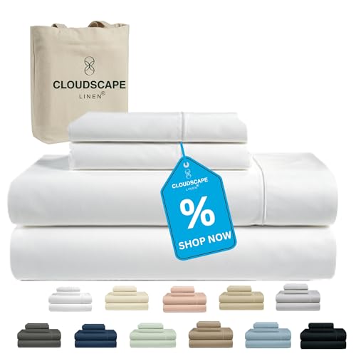 Cloud Scape Linen 100% Egyptian Cotton Sheets for Queen Size Bed, 4 Pieces Bedding Set, Hotel Quality, Silky Soft, Deep Pockets up to 17”, White